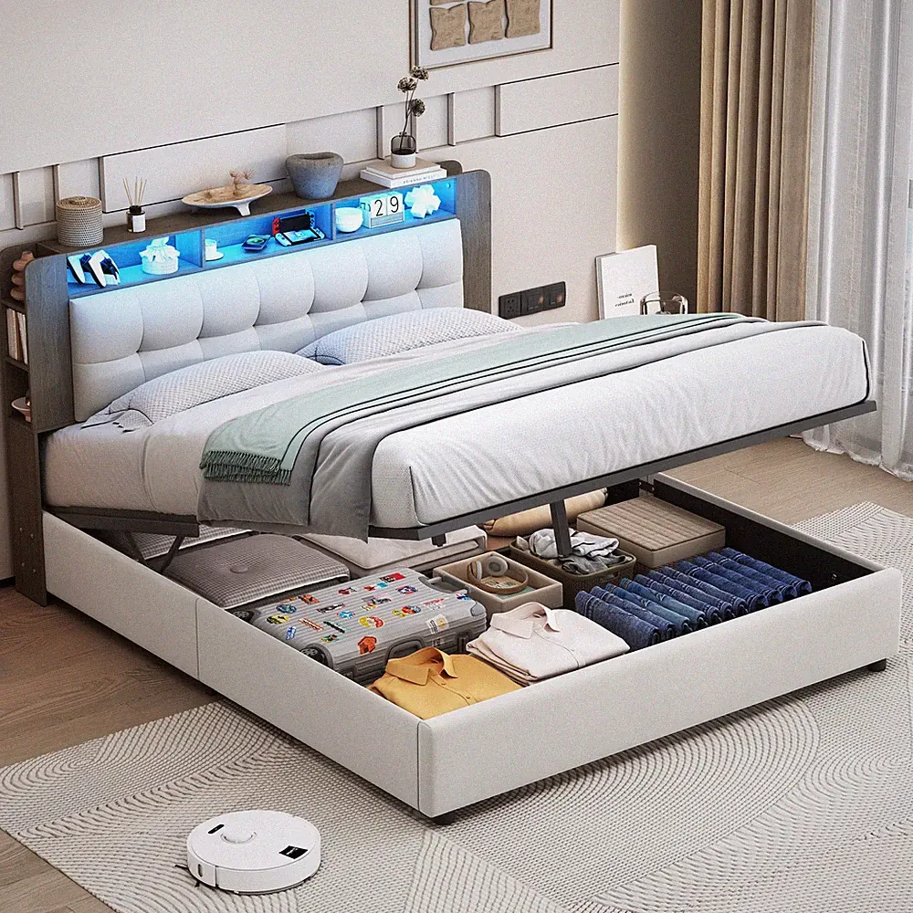 Polsterbett Boxspringbett 140x200 mit Bettkasten LED Beleuchtung LED Doppelbett