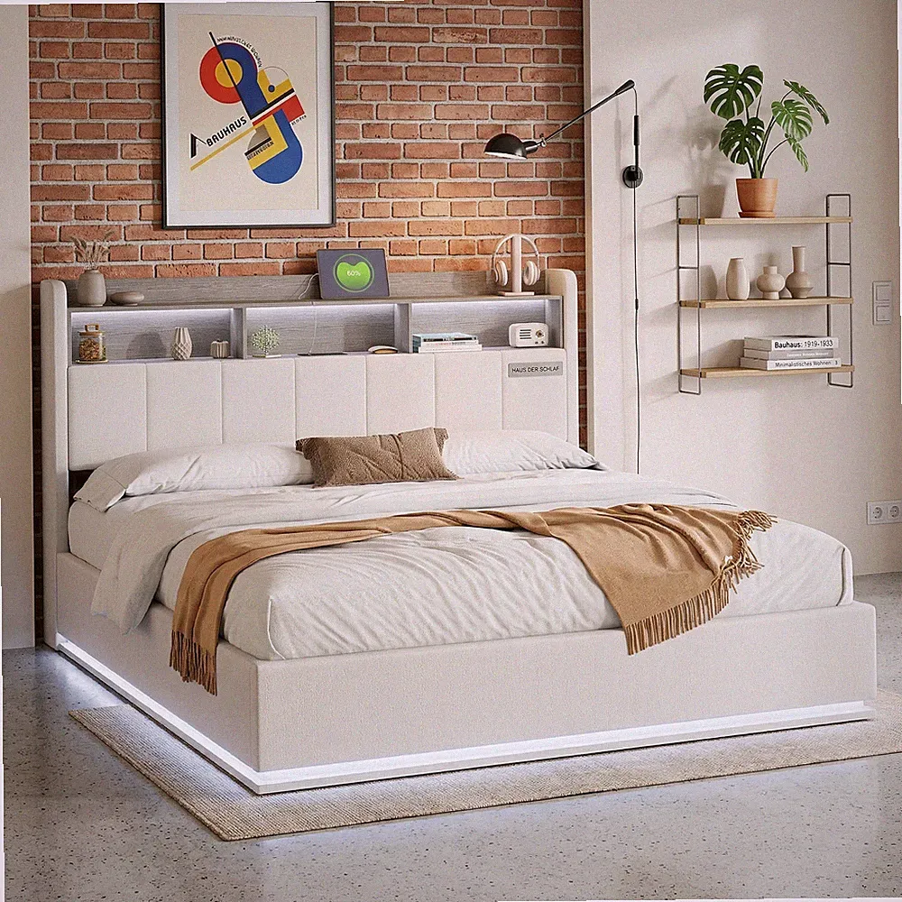 Polsterbett Boxspringbett 160x200 cm mit LED Doppelbett mit Lattenrost Stauraum