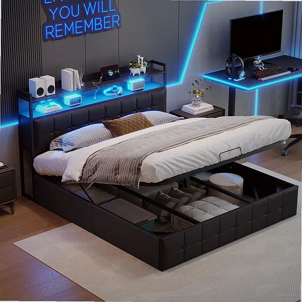 Polsterbett Boxspringbett 160x200 cm Mit USB Stauraum Lattenrost LED Doppelbett