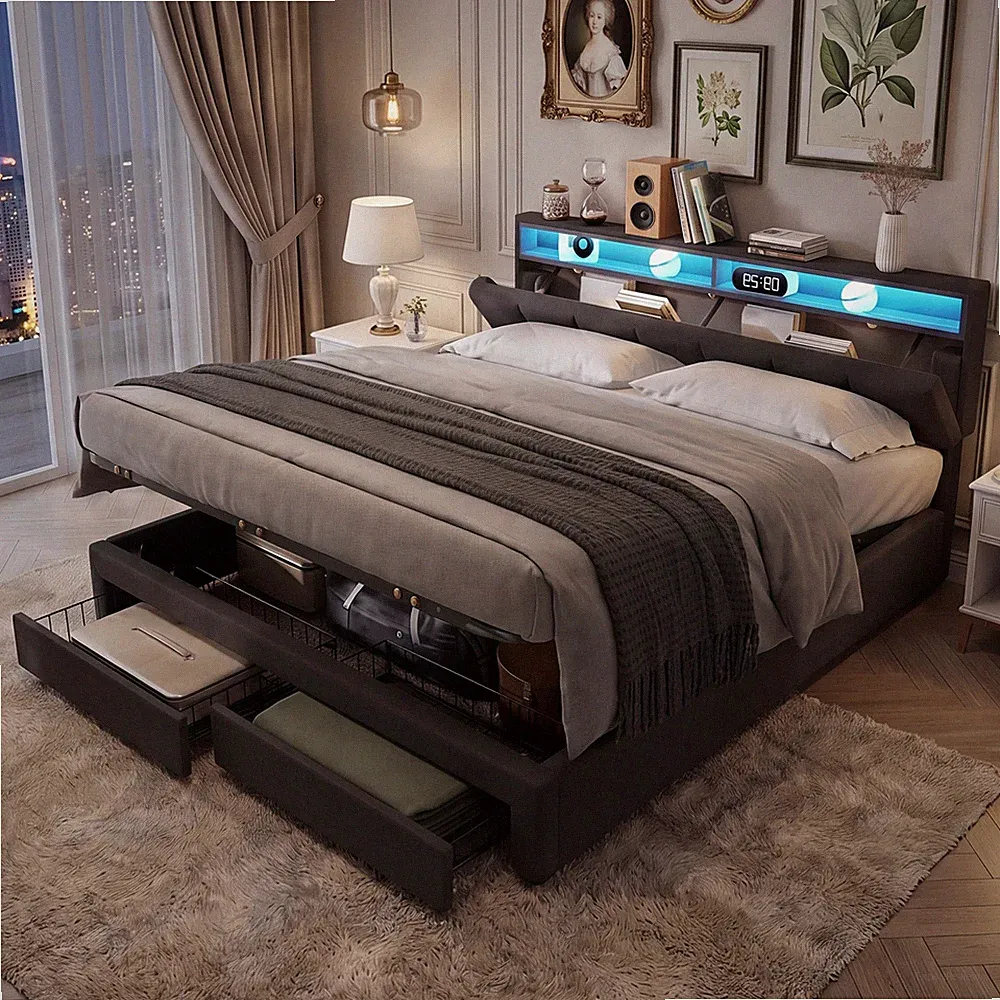 Polsterbett Boxspringbett 180x200 cm mit LED Bettgestell mit Lattenrost Stauraum