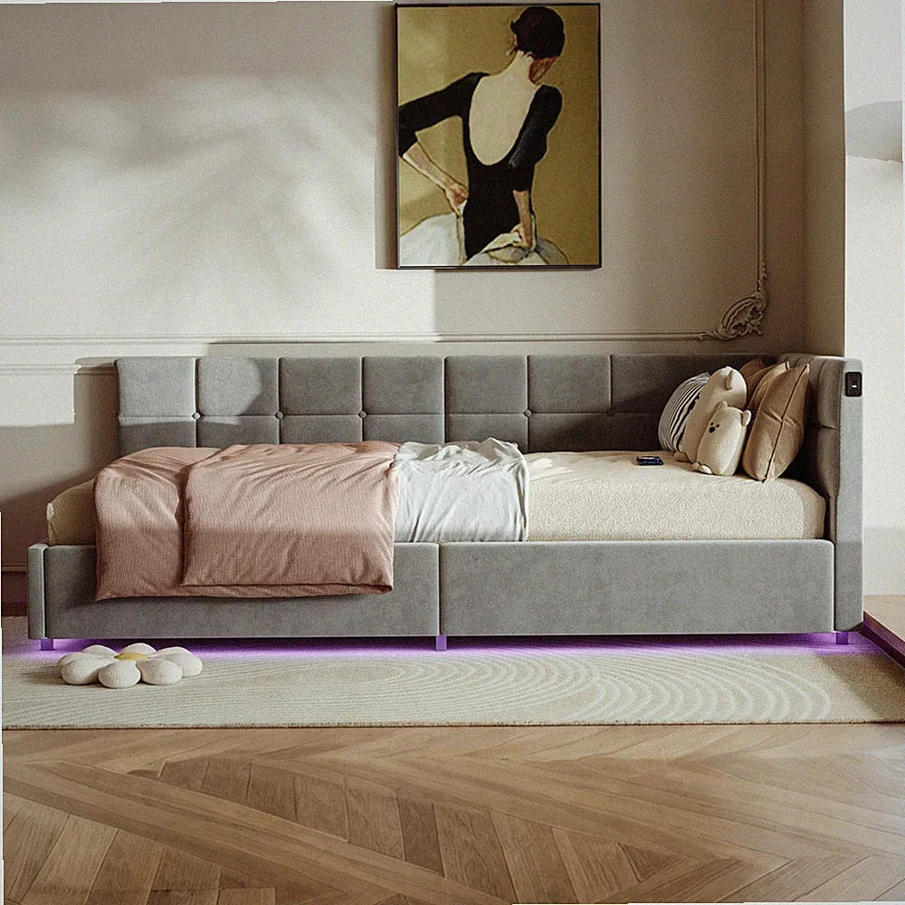 Polsterbett Boxspringbett 90*200 Einzelbett LED Bettgestell Lattenrost Tagesbett
