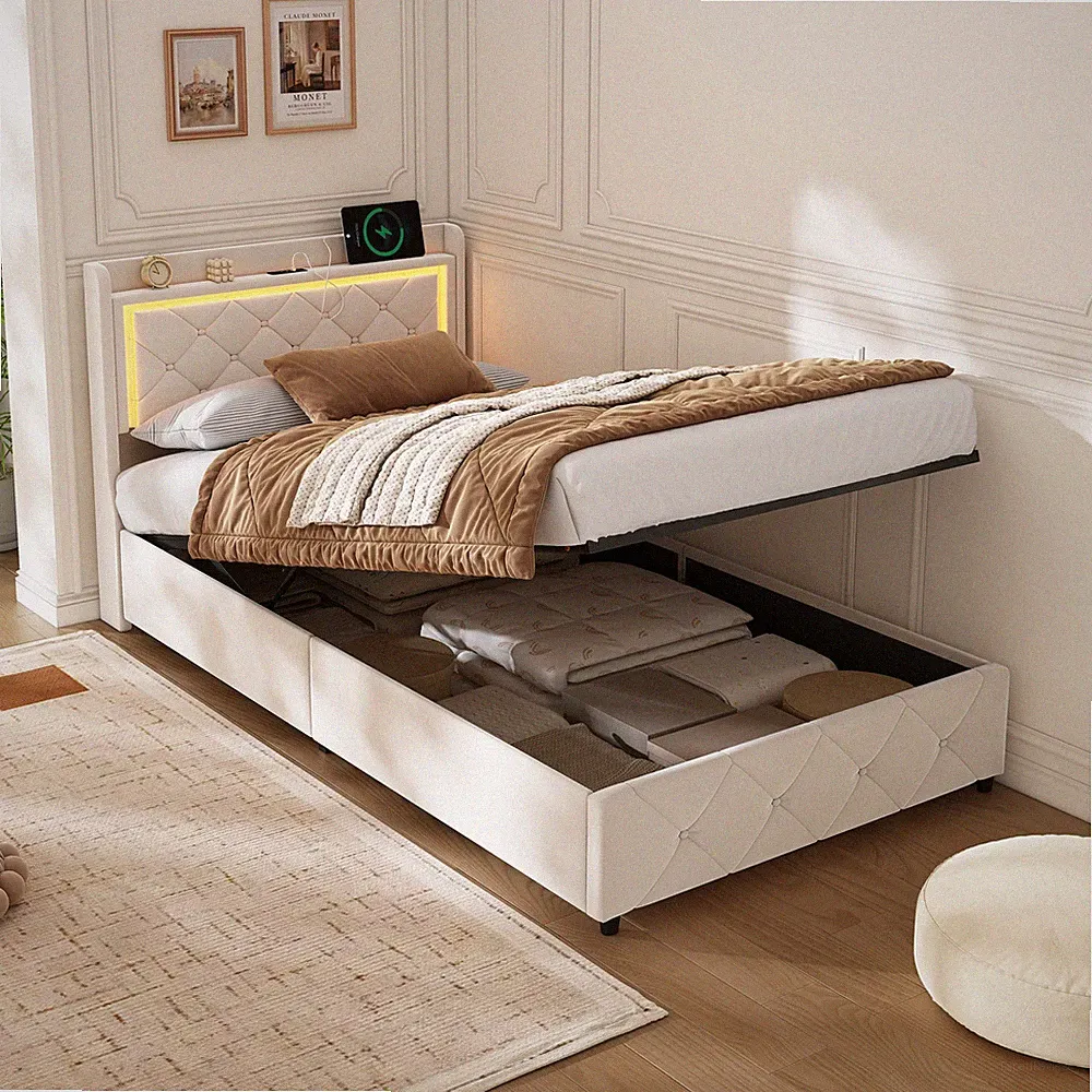 Polsterbett Boxspringbett 90x200 mit LED USB,Stauraum-Bettgestell mit Lattenrost