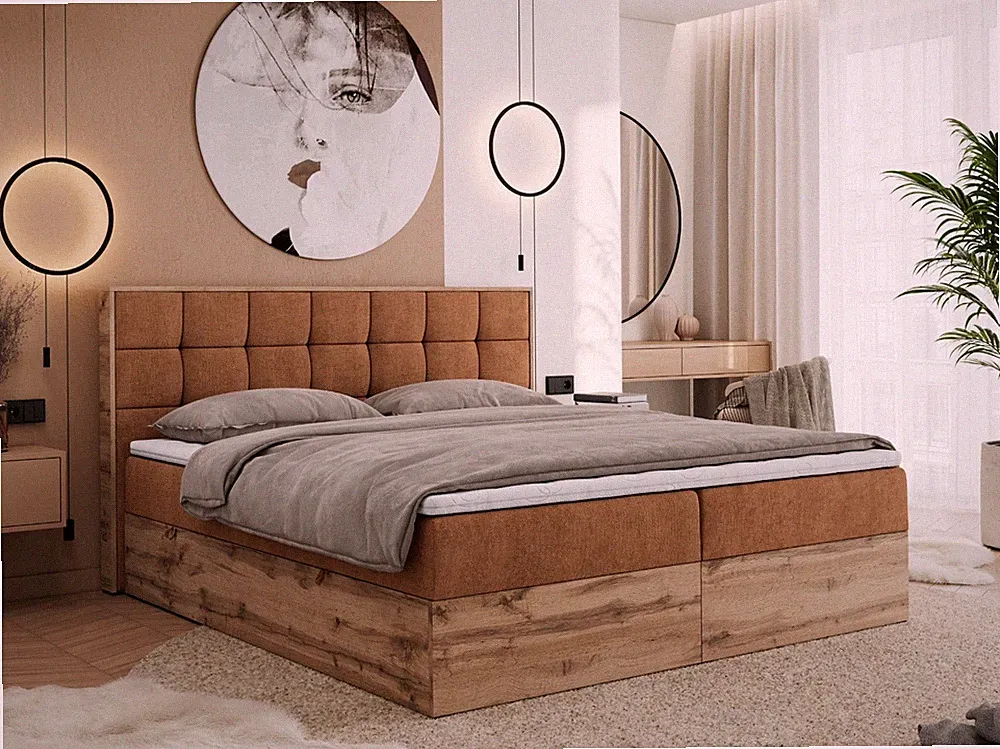 Polsterbett, Boxspringbett ALBERO 1, Bett mit Holzrahmen Eiche Wotan, Bettkästen