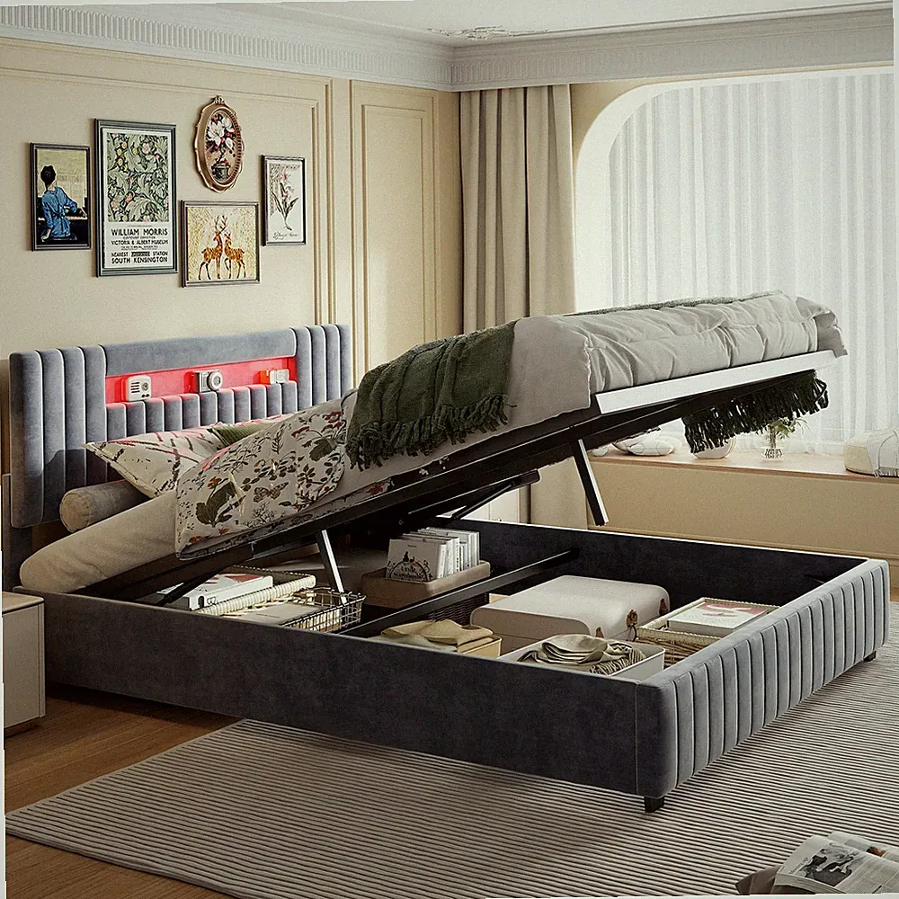 Polsterbett Boxspringbett Mit LED Lattenrost Stauraum Doppelbett 140x200 cm Samt