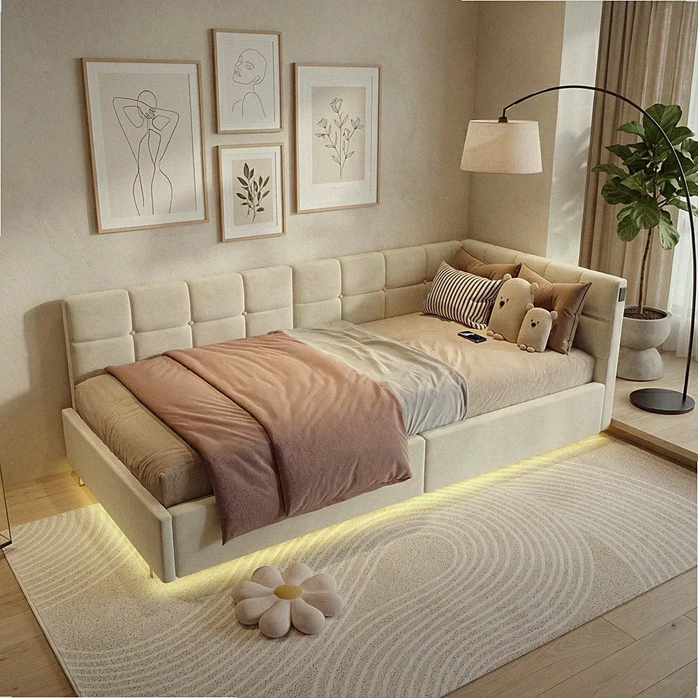 Polsterbett Boxspringbett Schlafsofa 90x200cm Kinderbett mit USB/LED Tagesbett