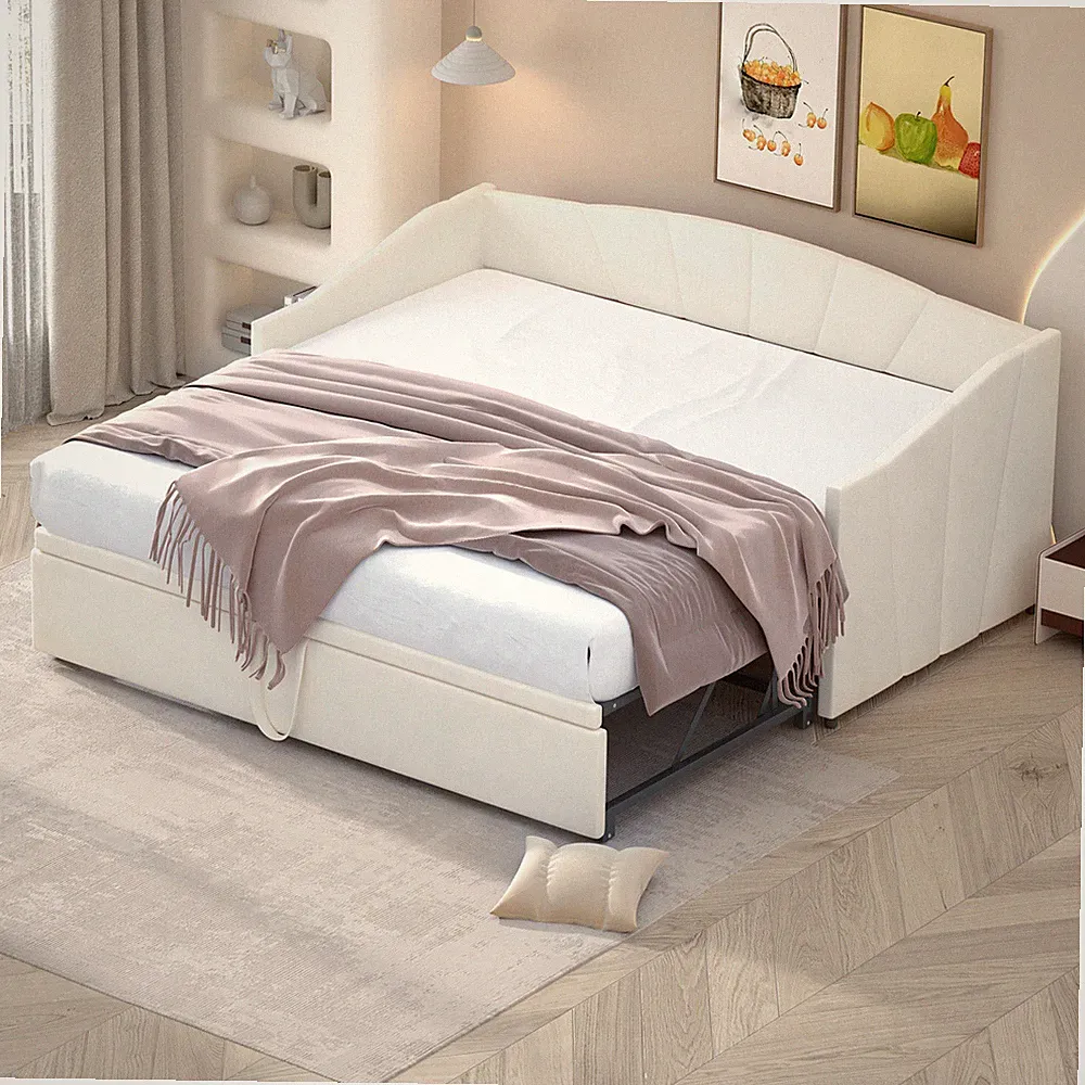Polsterbett Daybett Tagesbett Schlafsofa mit Unterbett 90x200/180x200 Samt Beige