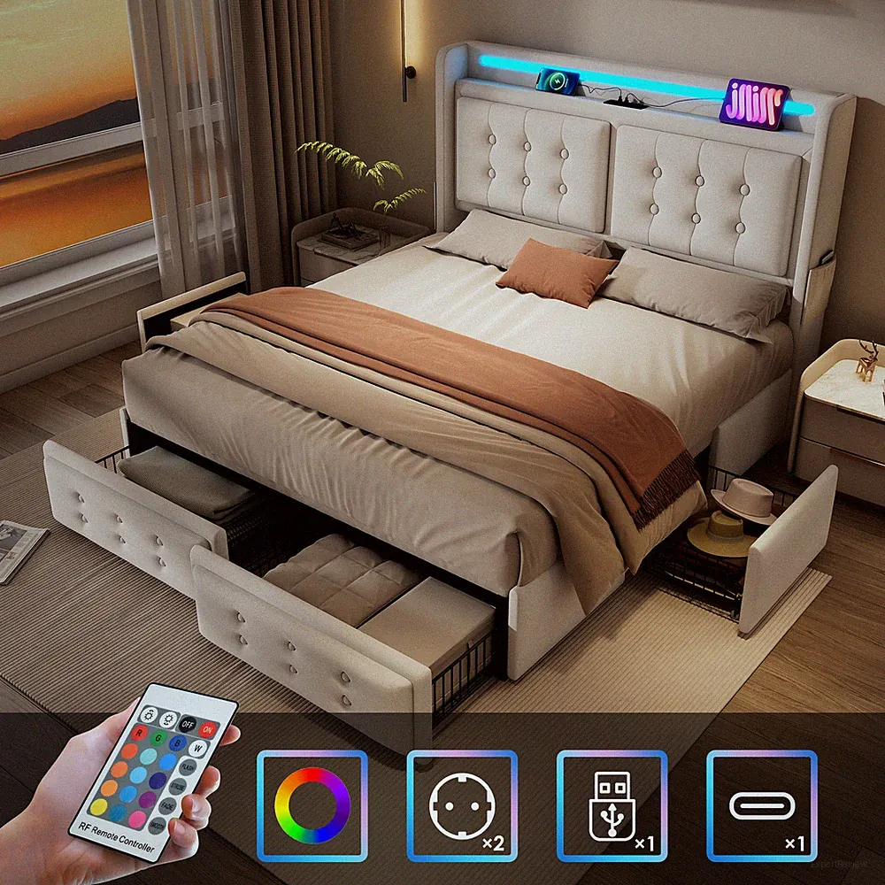 Polsterbett Doppelbett 140x200 cm LED Bettgestell mit Bettkasten USB Steckdosen