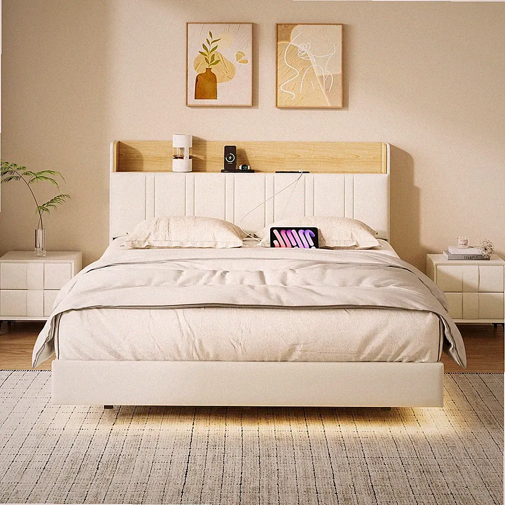 Polsterbett Doppelbett 140x200 mit LED Kopfteil Ladestation Bettgestell Bett PU