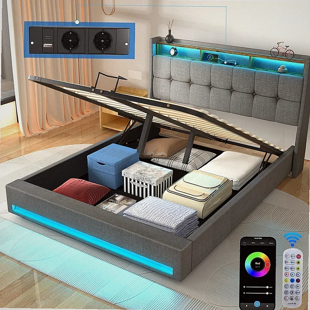Polsterbett Doppelbett 140x200 mit LED Kopfteil Ladestation Bettgestell Stauraum