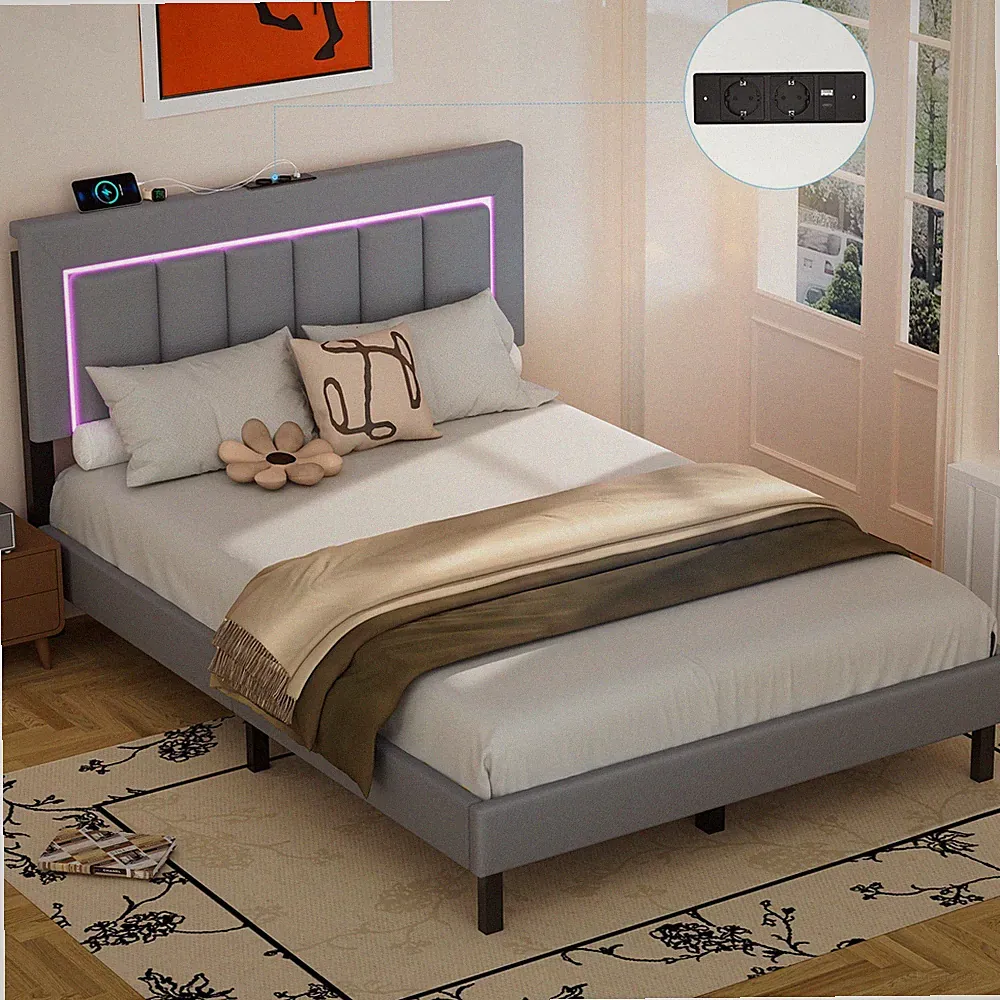 Polsterbett Doppelbett 140x200 mit LED Kopfteil Lattenrost Bettgestell Gästebett