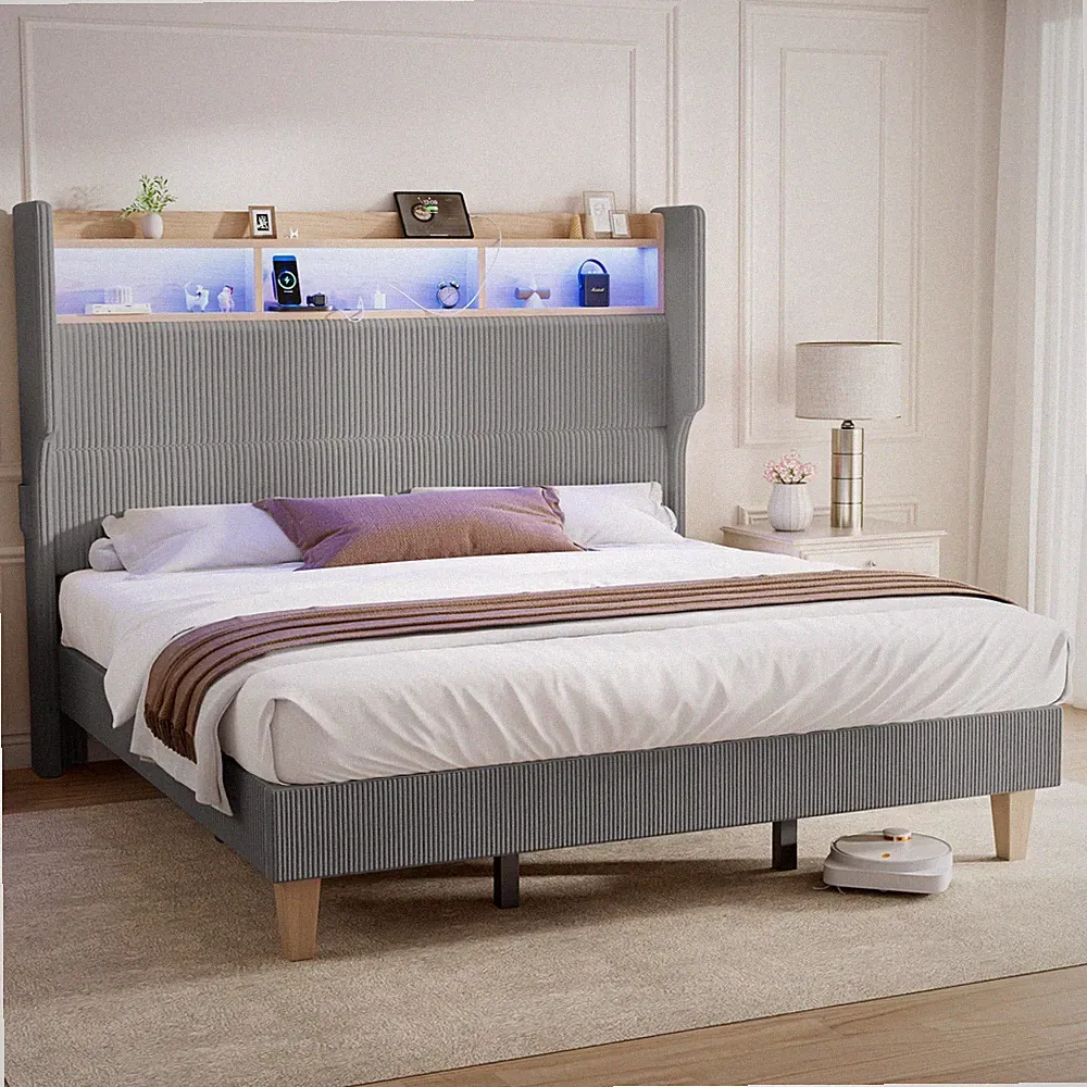 Polsterbett Doppelbett 160x200cm Bettgestell Hohes Kopfteil mit Ablagen LED USB
