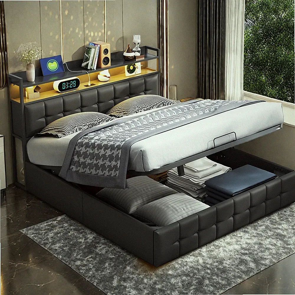 Polsterbett Doppelbett 140x200cm Bettrahmen mit-LED+USB Hydraulisch Stauraumbett
