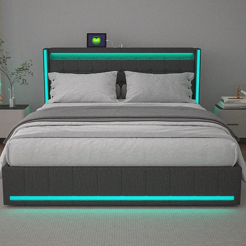 Polsterbett Doppelbett 140x200cm Leinen mit 4 Stauraum Schubladen LED/USB-Laden