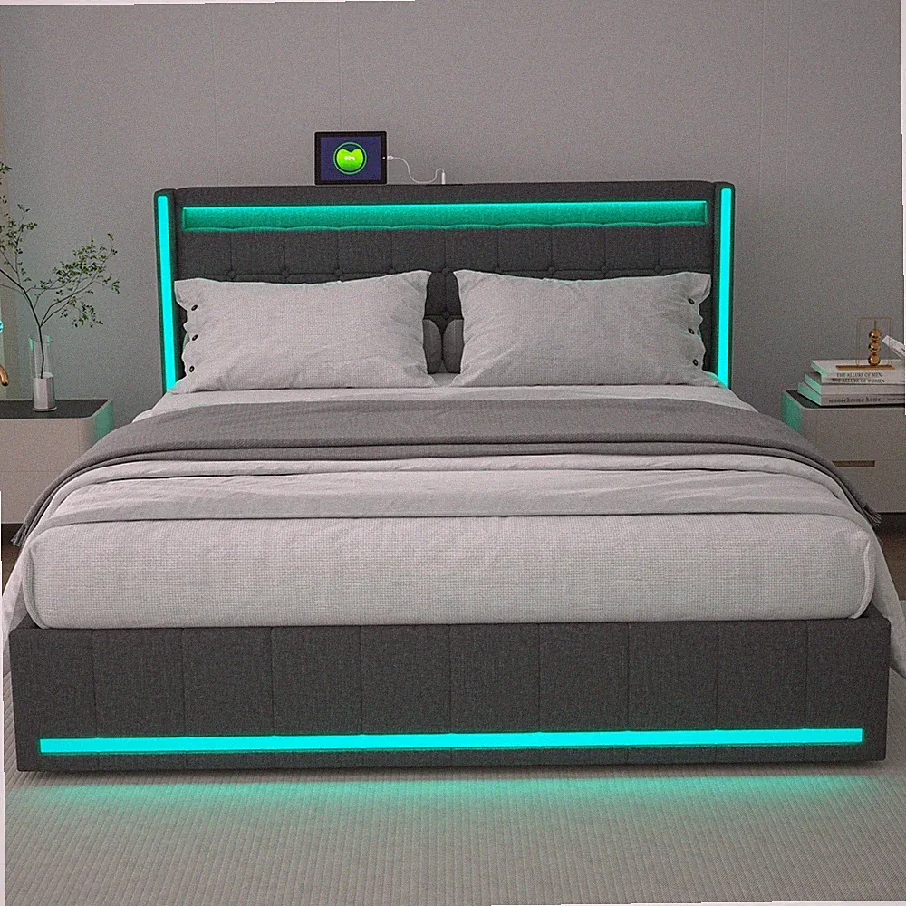 Polsterbett Doppelbett 140x200cm mit LED USB Bettgestell mit Lattenrost Stauraum