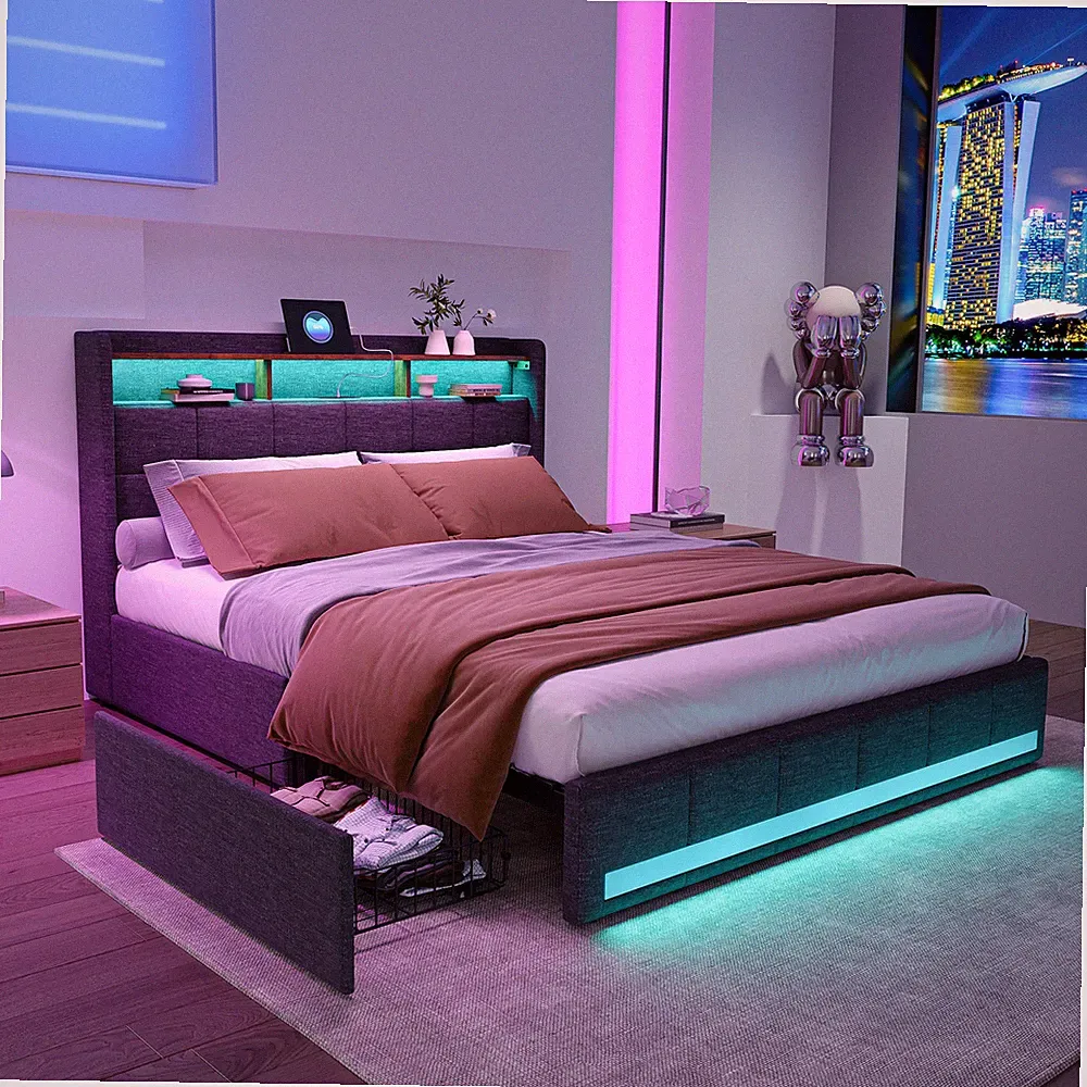 Polsterbett Doppelbett 140x200cm mit Stauraum 4 Schubladen LED&USB Bettgestell