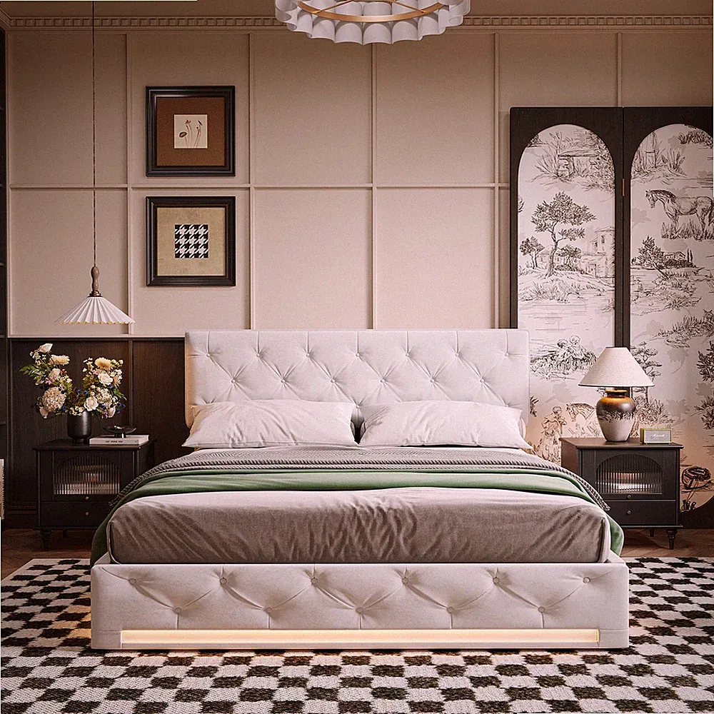 Polsterbett Doppelbett 160*200cm Stauraumbett Bettgestell mit Bettkasten und LED