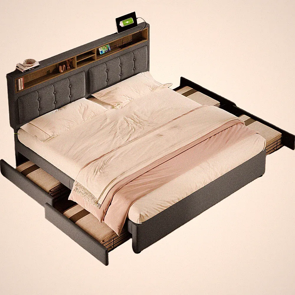 Polsterbett Doppelbett 160x200 cm Bett mit Bettkasten Lattenrost Steckdose Grau