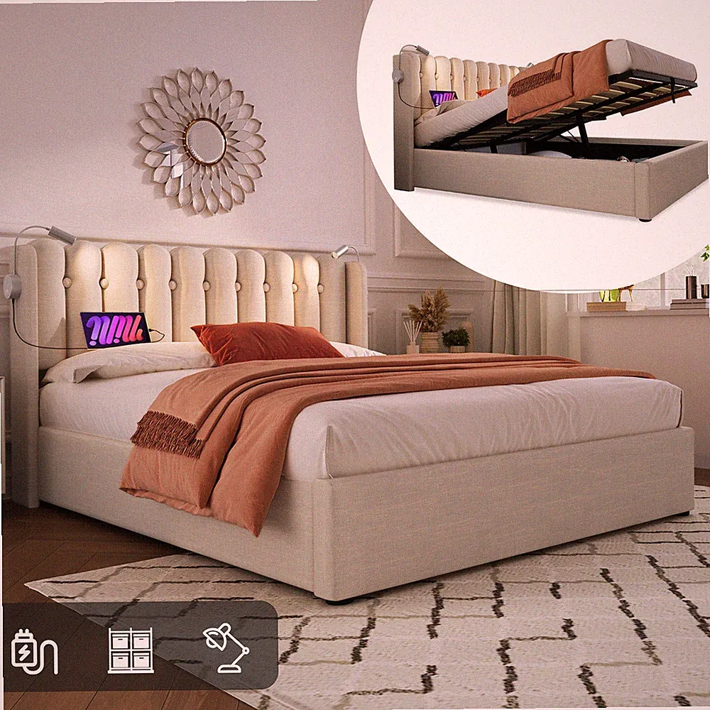 Polsterbett Doppelbett 160x200 cm Bettgestell Stauraumbett mit Leselicht und USB