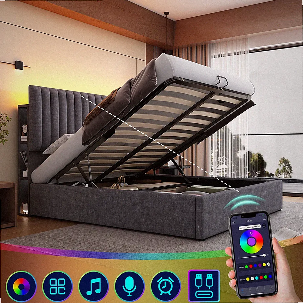 Polsterbett Doppelbett 160x200 cm LED APP Stauraum mit Bettkasten Ladefunktion
