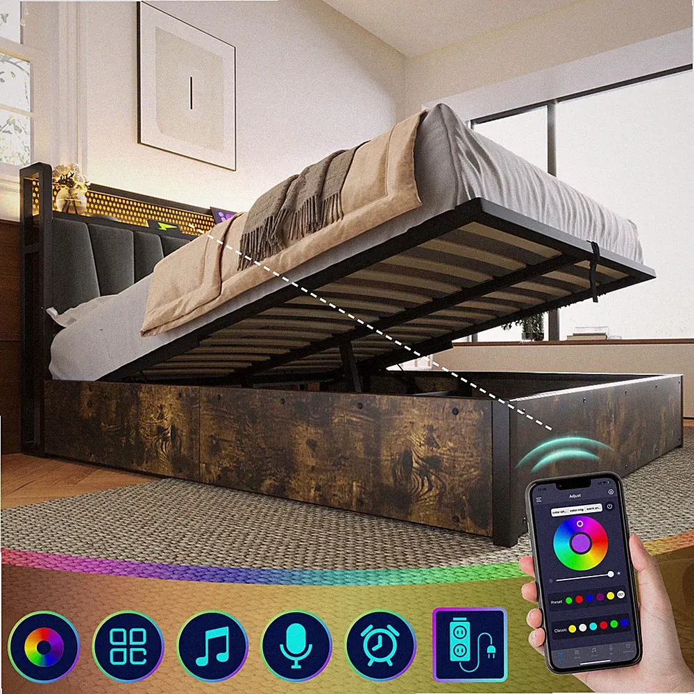 Polsterbett Doppelbett 160x200 cm LED Stauraum Bettkasten mit Ladefunktion APP