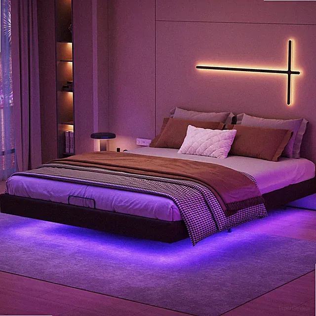 Polsterbett Doppelbett 160x200 Futonbett LED Bettgestell Stauraum Ohne Kopfteil