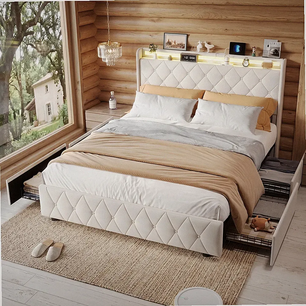 Polsterbett Doppelbett 160x200 LED Bettgestell Bett mit Lattenrost Stauraumbett
