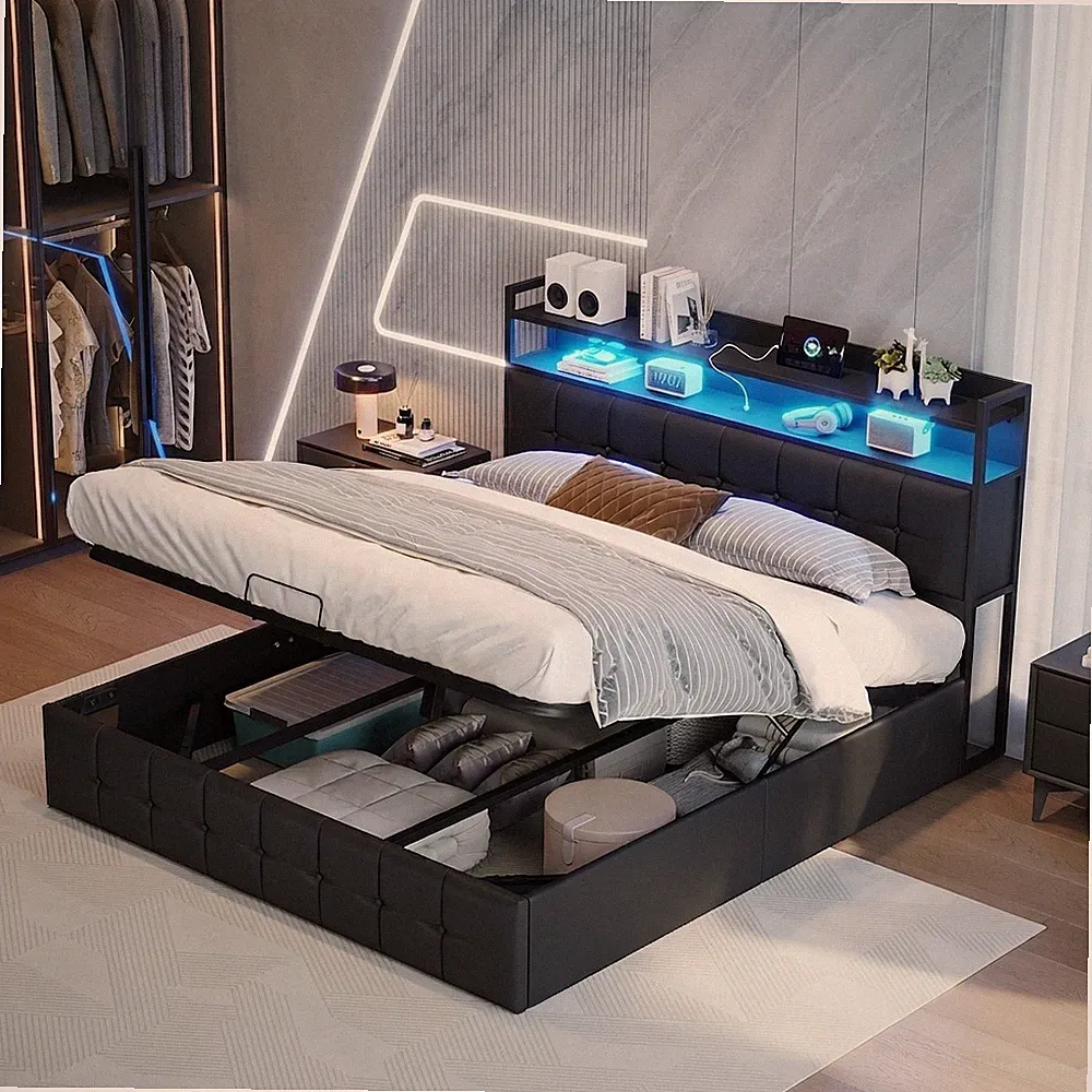 Polsterbett Doppelbett 160x200 mit LED&USB Hydraulisches Jugendbett Stauraumbett