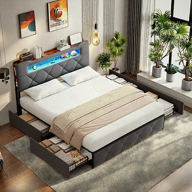 Polsterbett Doppelbett 160x200 mit USB LED Bettgestell mit Lattenrost Stauraum