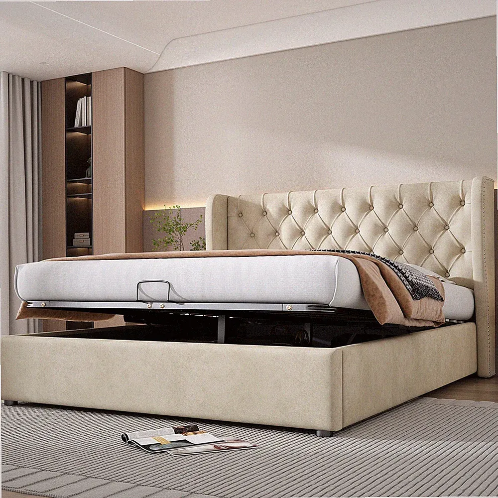 Polsterbett Doppelbett 160x200 Stauraumbett mit Bettkasten und Lattenrost Beige