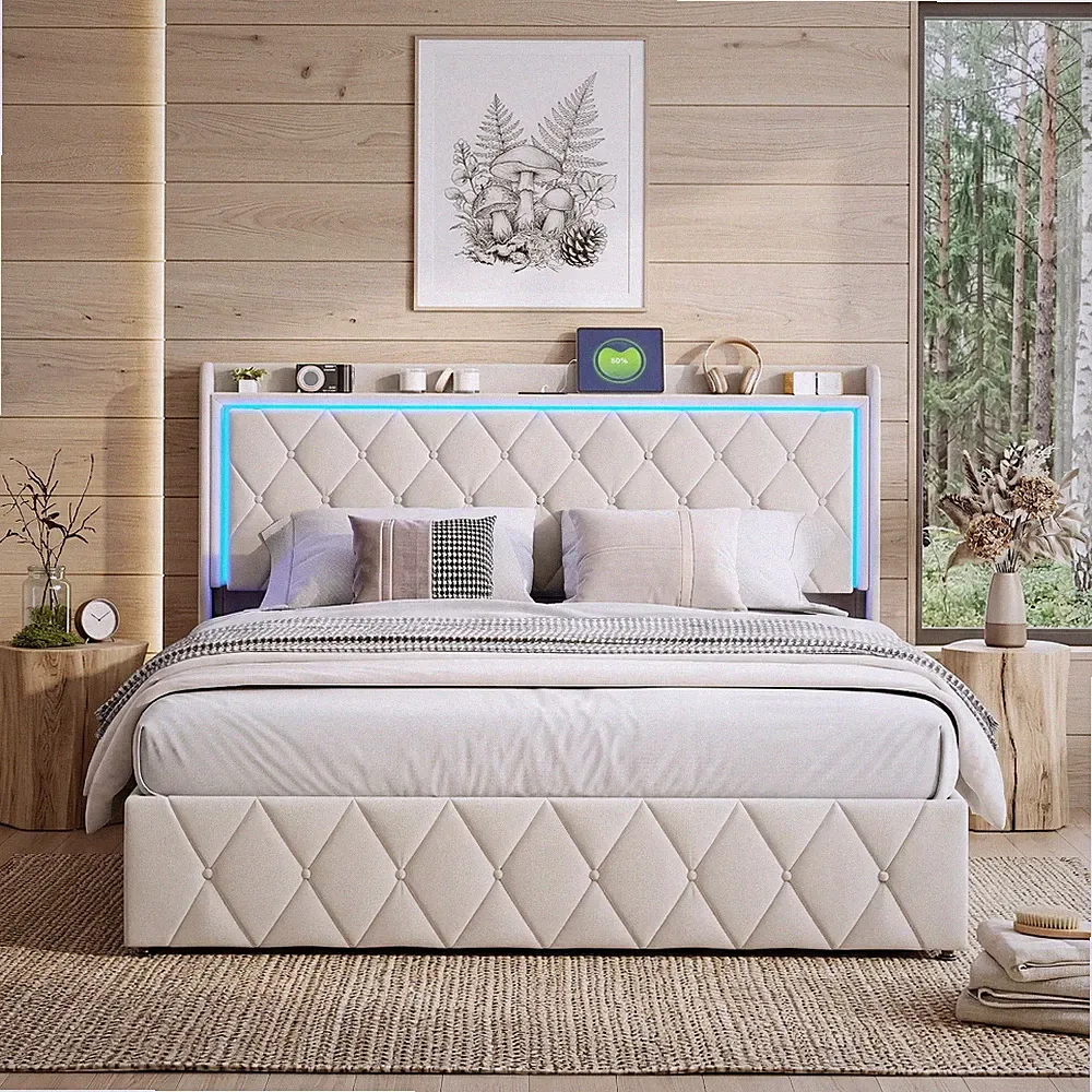 Polsterbett Doppelbett 160x200cm Stauraumbett mit Bettkasten LED/USB Lattenrost