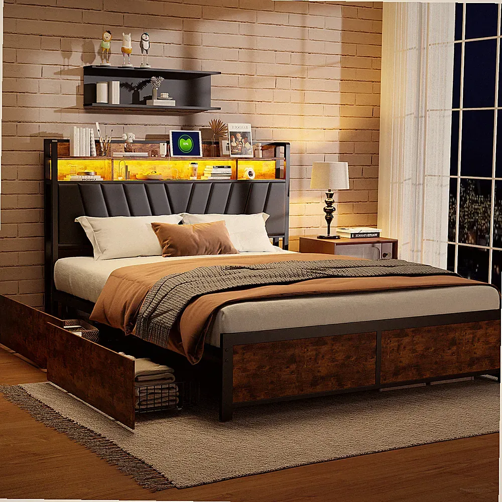 Polsterbett Doppelbett 180 x 200 cm,mit Stauraum-Kopfteil,mit USB-Port und LED