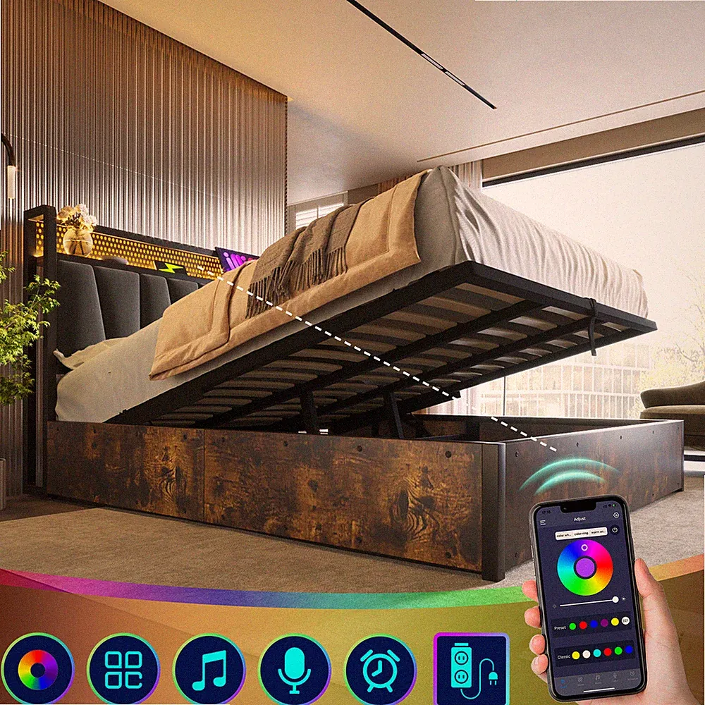 Polsterbett Doppelbett 180x200 cm LED Stauraum Bettkasten mit Ladefunktion APP