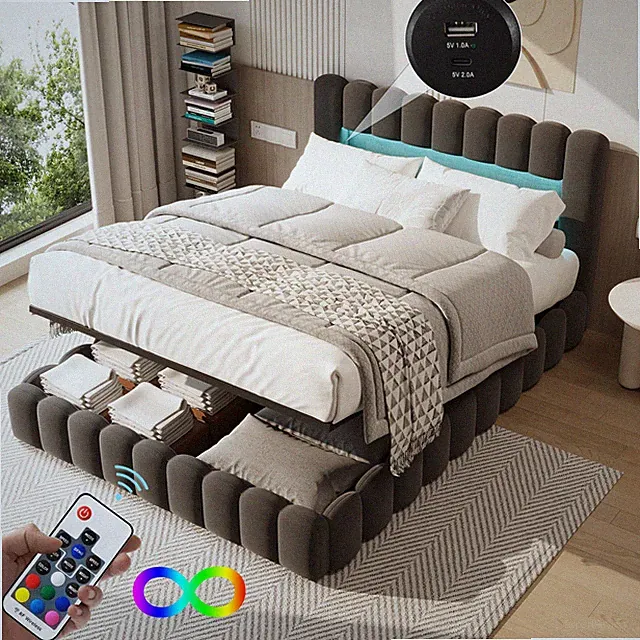 Polsterbett Doppelbett 180x200 cm,LED USB Boxspringbett mit Stauraum Lattenrost