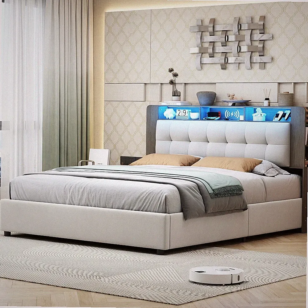 Polsterbett Doppelbett Bettgestell：160x200cm Stauraumbett Kabelloses Laden + LED