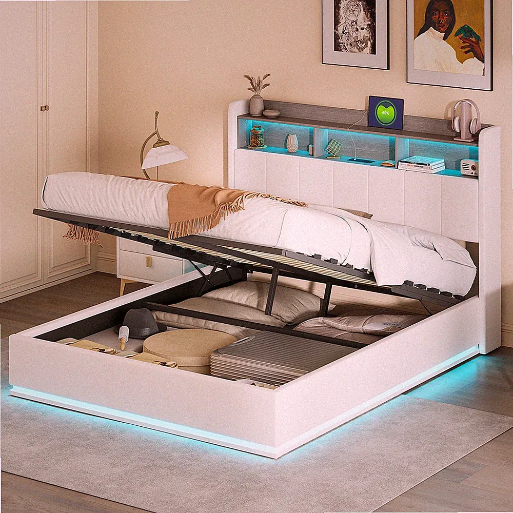 Polsterbett Doppelbett Bettgestell Jugendbett Lattenrost mit USB & LED 140x200