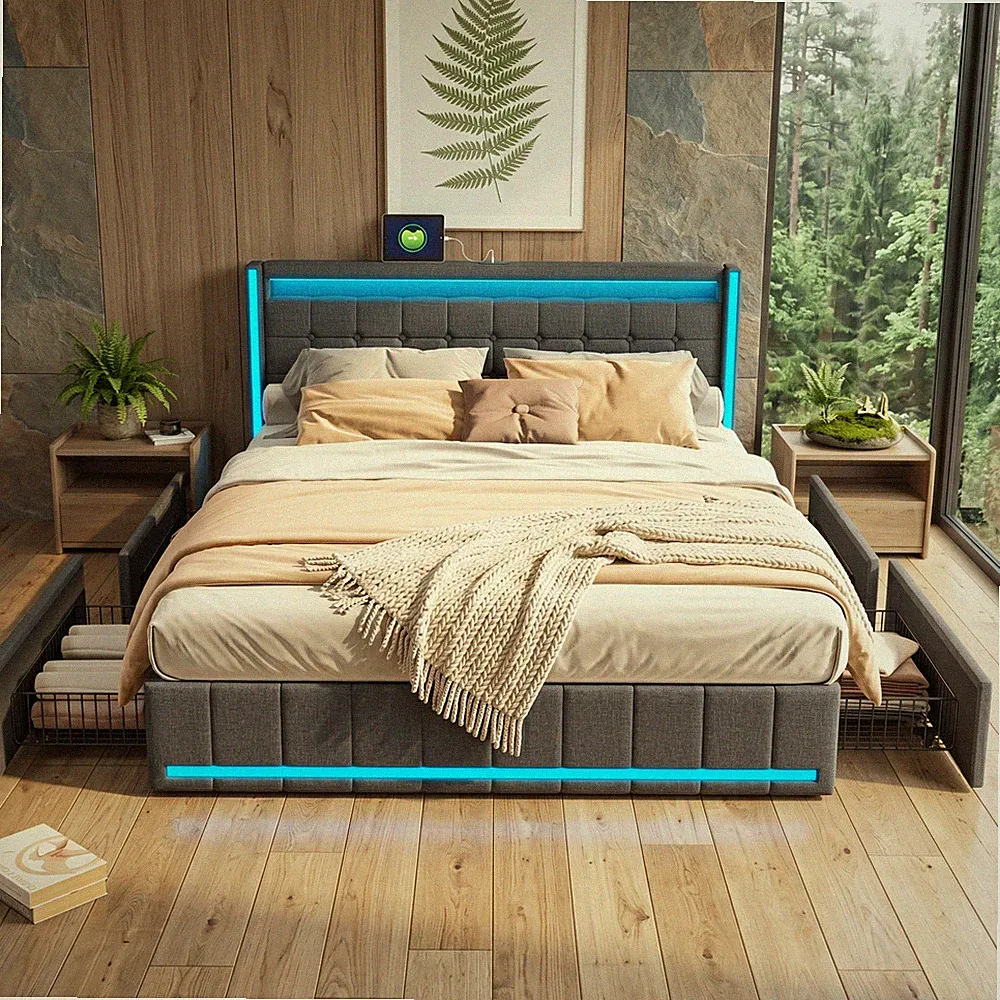 Polsterbett Doppelbett Jugendbett Lattenrost LED-Bett 180x200cm ohne Matratze