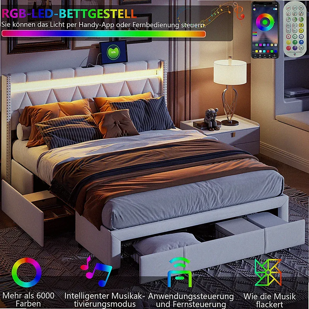 Polsterbett Doppelbett Lattenrost Schubladenbett 160x200cm Bettkasten LED USB
