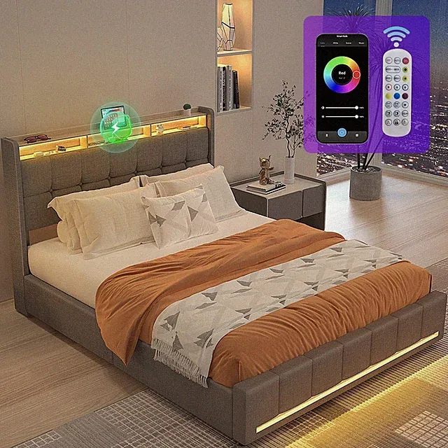 Polsterbett Doppelbett mit LED USB Bettgestell mit Lattenrost Stauraum