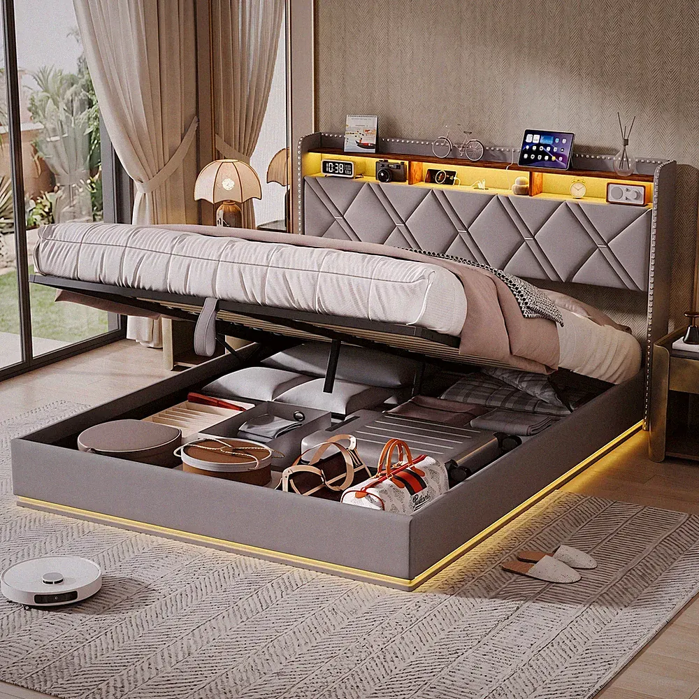 Polsterbett Doppelbett mit Stauraum & LED,Jugendbett mit USB,Leinen 160x200cm