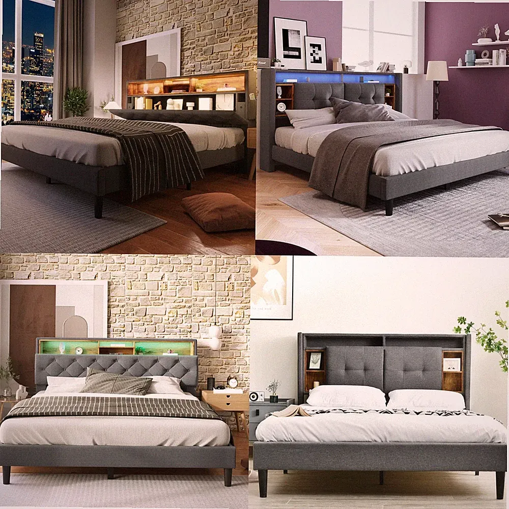 Polsterbett Doppelbett Stauraum-Kopfteil Bett mit LED-Beleuchtung Bettgestell