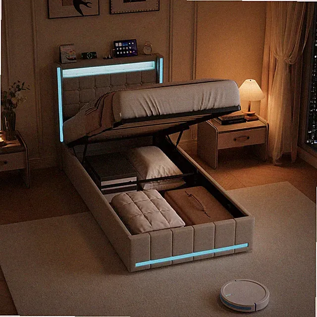 Polsterbett Einzelbett 90*200 cm Mit LED,USB Stauraum Bettgestell mit Lattenrost