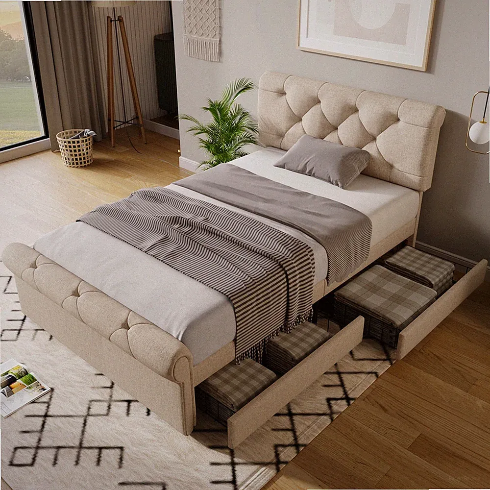 Polsterbett Einzelbett 90x200 Bettgestell mit 2 Schubladen Lattenrost Jugendbett