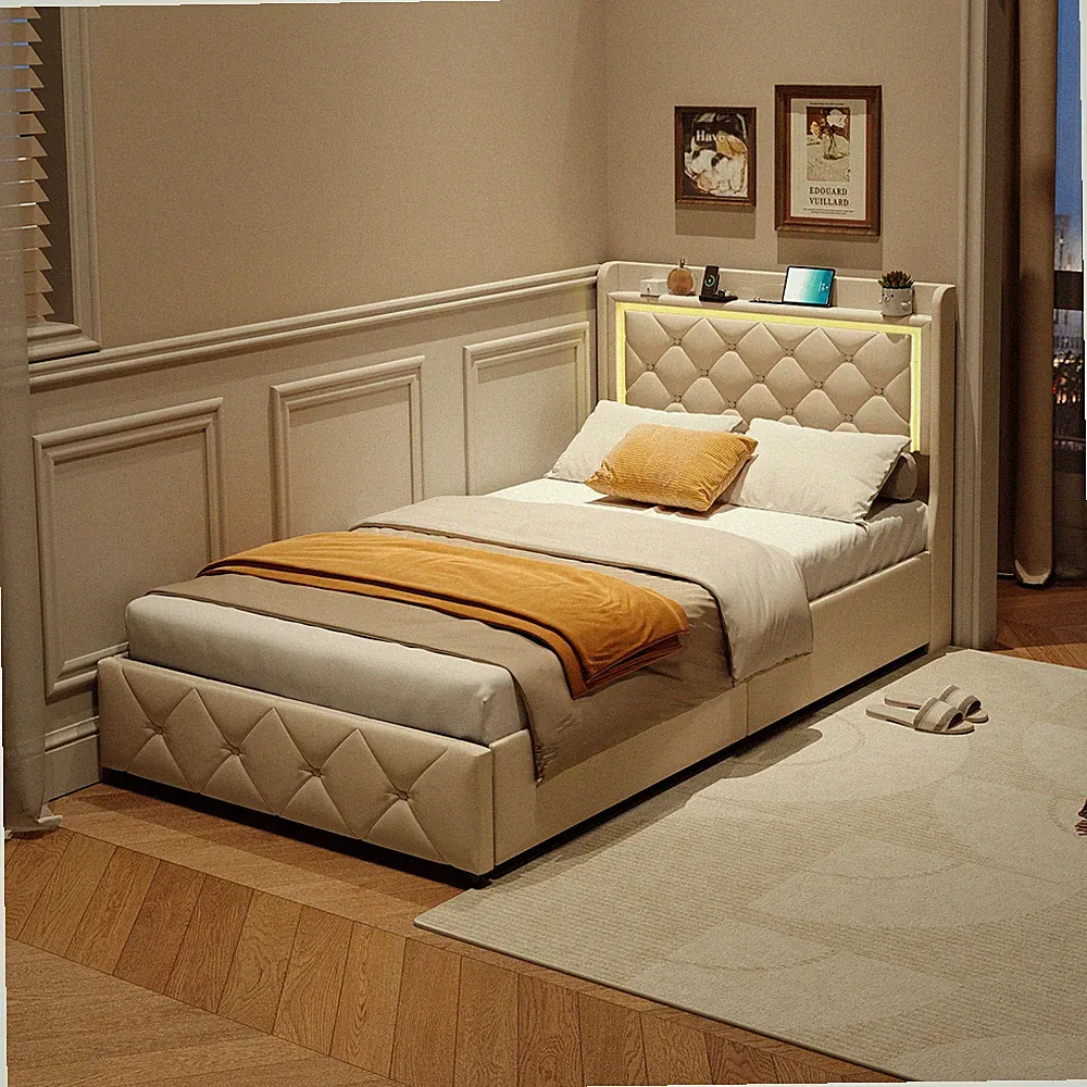 Polsterbett Einzelbett 90x200cm mit LED&USB Stauraumbett 2 Schubladen Jugendbett