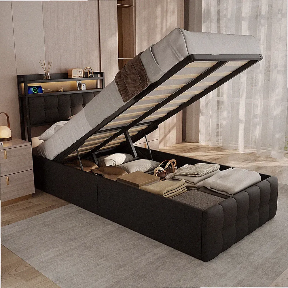 Polsterbett Einzelbett 90x200cm mit Stauraum,Boxspringbett mit LED und USB,PU