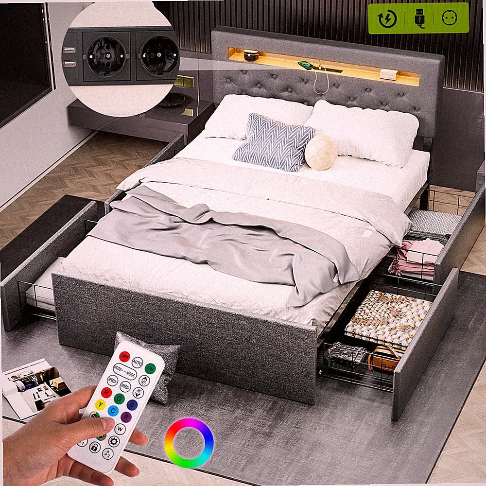 Polsterbett Einzelbett mit LED Doppelbett Jugendbett Stoff Lattenrost OYAJIA®