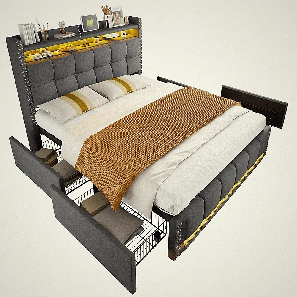 Polsterbett Grau 160x200 cm mit USB & LED & Stauraum SONNENH