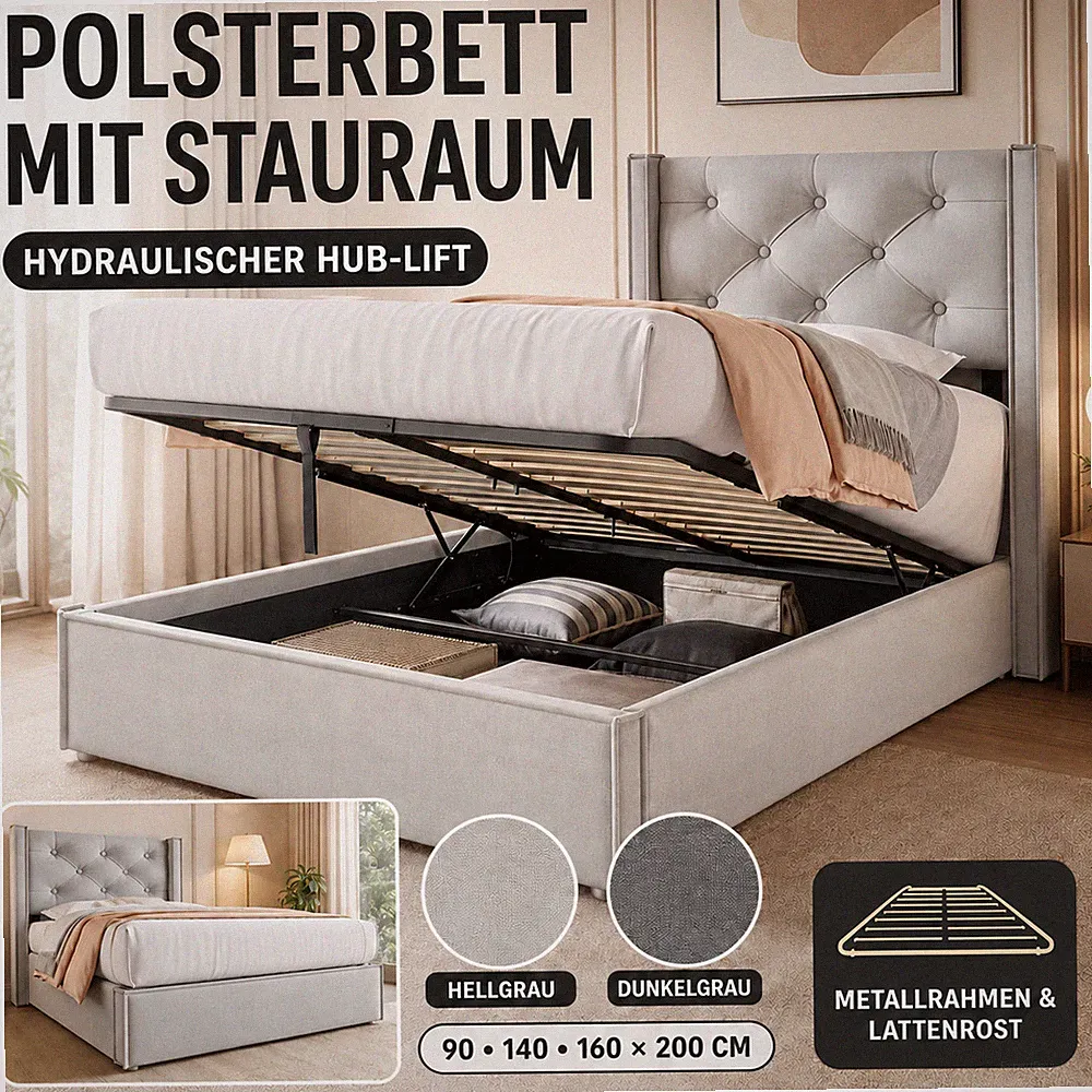 Polsterbett | Hydraulikbett | Stauraum | Lattenrost | 90-160x200 cm