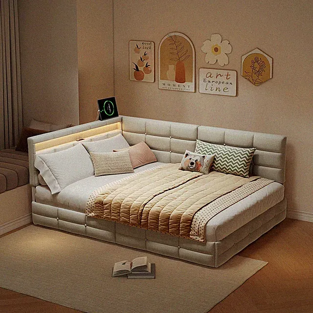 Polsterbett Jugendbett 140x200 cm mit Stauraum Schlafsofa Tagesbett mit LED＆USB