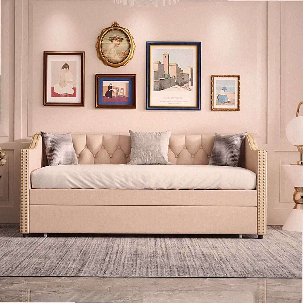 Polsterbett Kinderbett 90x200, Ausziehbares Schlafsofa Beige Strapazierfähiger