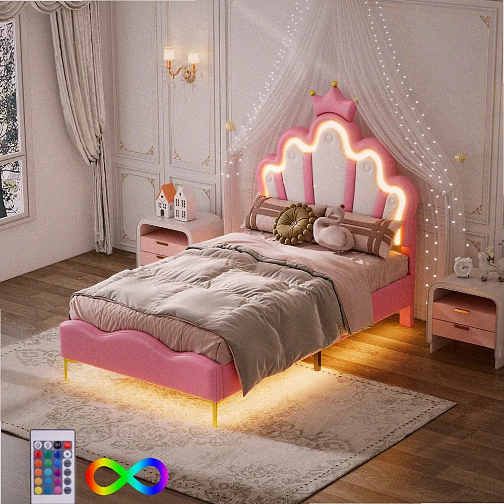 Polsterbett Kinderbett 90x200 cm Einzelbett Bett Mädchenbett mit LED Kopfteil